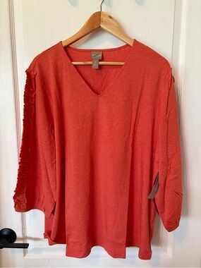 Chicos Women's V-Neck Ruffle-Sleeve Tunic in Coral